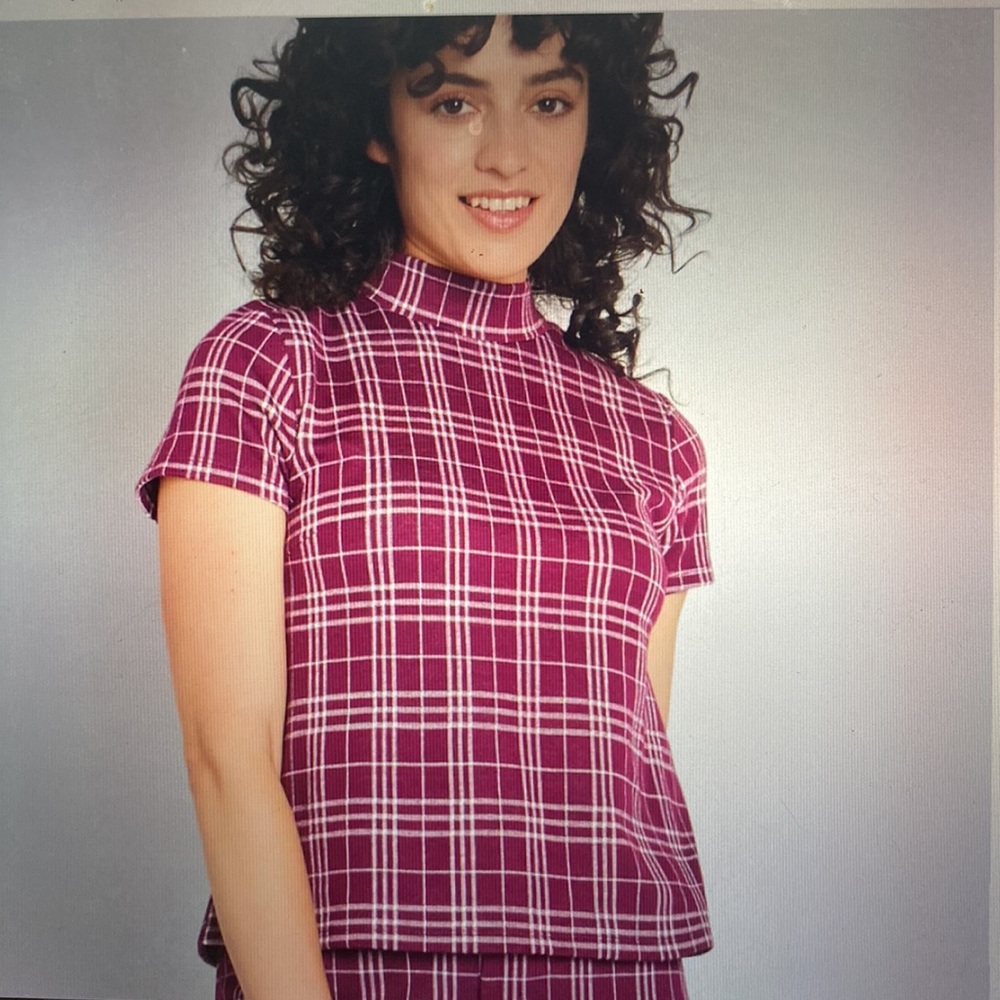Modcloth Burgundy and White Plaid Mock-Neck Top - Picture 7 of 7